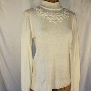 Ladies TRADITION Turtleneck Sweater w/Floral Embroidery and Beaded Bodice - S